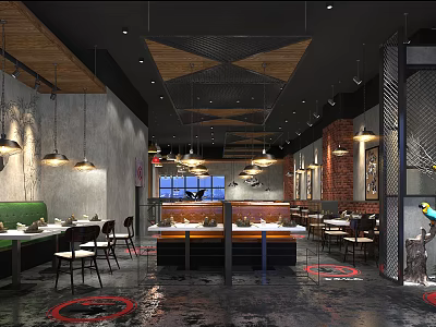 Modern Industrial Restaurant Interior Design With Open Seating Area Wooden Metal Ceiling And Hanging Lamps 3d model