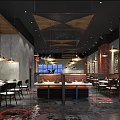Modern Industrial Restaurant Interior Design With Open Seating Area Wooden Metal Ceiling And Hanging Lamps