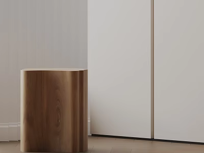 Walnut Wooden Side Table With Cylindrical Design In Light Colored Minimalist Interior 3d model