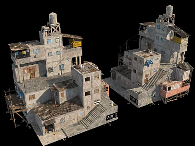 Dual Dilapidated Multi Story Building Structures With Staircases And Rustic Details 3d model