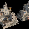 Dual Dilapidated Multi Story Building Structures With Staircases And Rustic Details