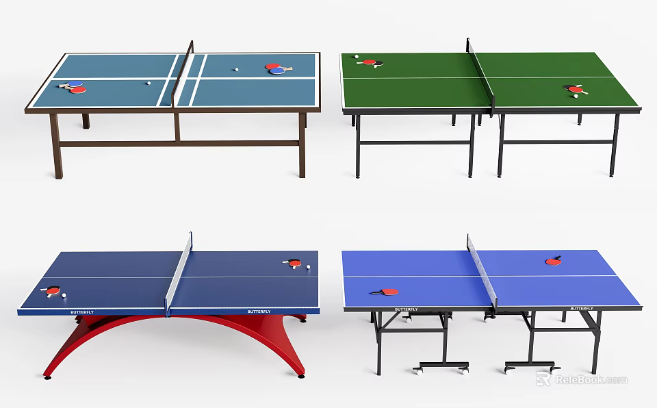 Multiple Table Tennis Tables in Blue Green with Red Frame and Various Styles 3d model