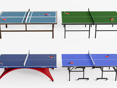Multiple Table Tennis Tables in Blue Green with Red Frame and Various Styles 3d model