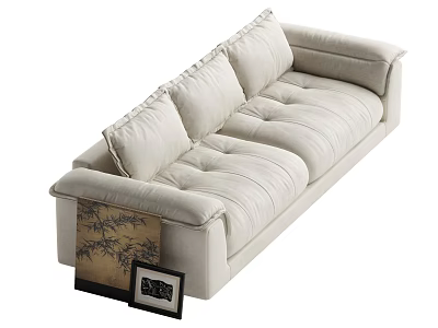 Beige Velvet Upholstered Multi Seater Sofa With Tufted Cushions And Decorative Painting 3d model