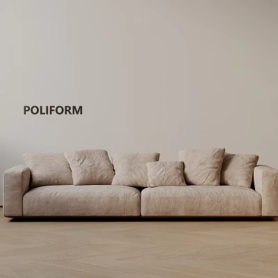 POLIFORM Modern Beige Three-Seater Sofa With Plush Cushions Against Light Wall And Wooden Floor 3d model