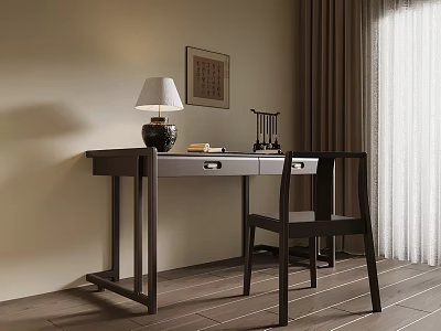 Traditional Chinese Wooden Desk with Table Lamp Calligraphy Tools Chair and Wall Art 3d model