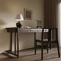 Traditional Chinese Wooden Desk with Table Lamp Calligraphy Tools Chair and Wall Art