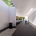 Modern Open Indoor Hall Design With Tree Bench Glass Walls And Natural Lighting