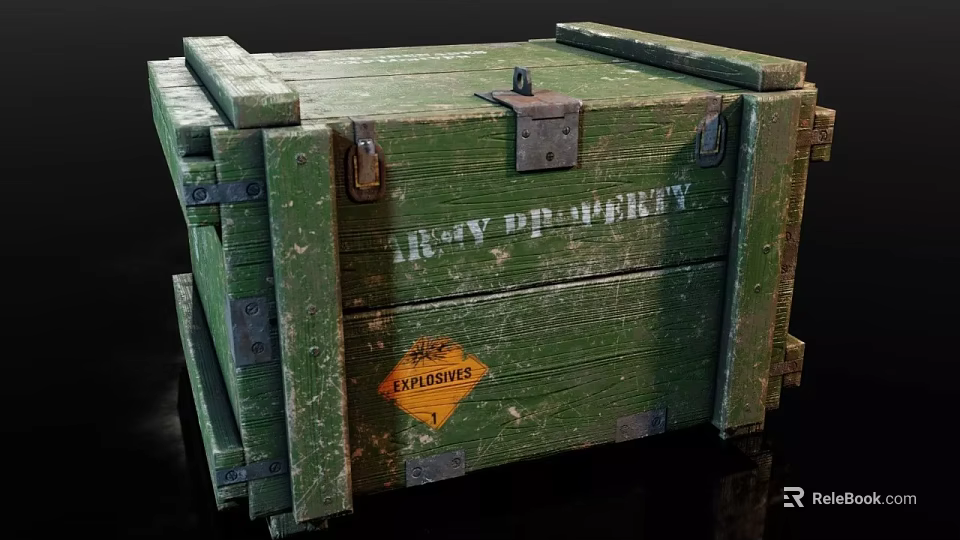 Green Wooden Army Weapon Storage Crate with Explosives Label and Military Property Marking 3d model 