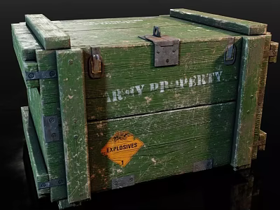 Green Wooden Army Weapon Storage Crate with Explosives Label and Military Property Marking 3d model
