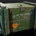 Green Wooden Army Weapon Storage Crate with Explosives Label and Military Property Marking
