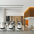 Modern Office Interior Design With White Desks Chairs Computers Plants And Wooden Bookshelves