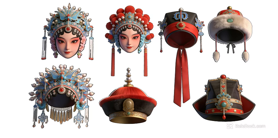 Traditional Chinese Opera Ornaments With Peking Opera Face Masks Hats And Headpieces 3d model 
