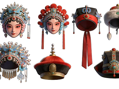 Traditional Chinese Opera Ornaments With Peking Opera Face Masks Hats And Headpieces 3d model