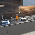 Modern Kitchen With Gray Cabinets Blue Wall Wooden Accent Countertop Sink And Stove