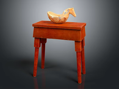 Red Wooden Table with Four Legs and Horse Shaped Decorative Ornament 3d model