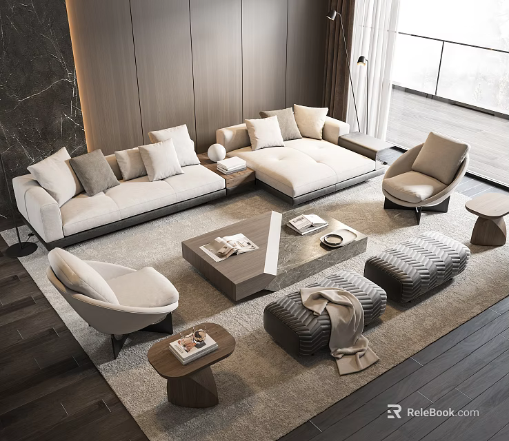 Modern Elegant Living Room Sofa And Coffee Table Set With Accent Chairs Rug Floor-to-Ceiling Windows 3d model 