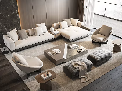 Modern Elegant Living Room Sofa And Coffee Table Set With Accent Chairs Rug Floor-to-Ceiling Windows 3d model