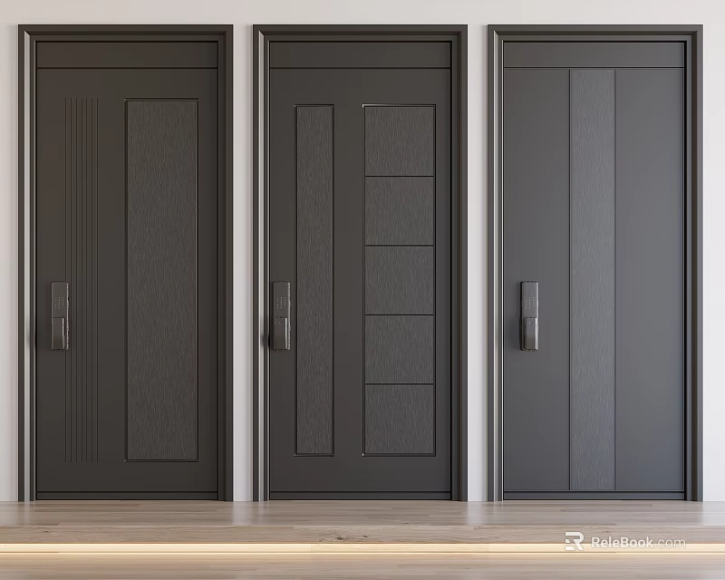 Three Modern Black Security Doors With Different Panel Designs And Sleek Finish 3d model