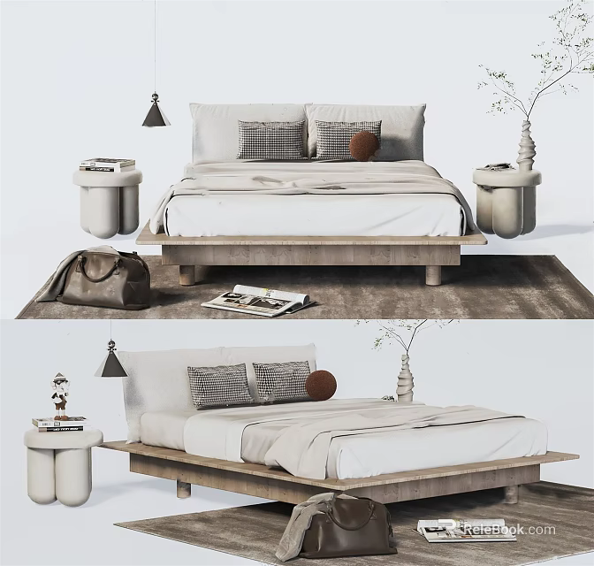 Modern Double Bed Interior Setup With Plush Pillows Cozy Blanket Side Table and Potted Plant 3d model 