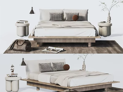 Modern Double Bed Interior Setup With Plush Pillows Cozy Blanket Side Table and Potted Plant 3d model