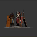 Men wearing medieval costumes holding flags with armored man on snowy gravel ground