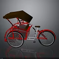 Red Rickshaw With Brown Canopy White Seat And Red Frame Structure