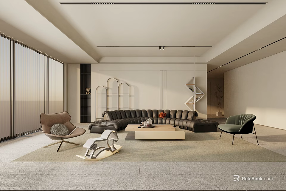 Modern Living Room Interior With Large Black Leather Sofa Accent Chairs And Geometric Decor 3d model 