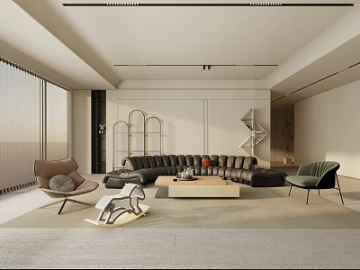 Modern Living Room Interior With Large Black Leather Sofa Accent Chairs And Geometric Decor 3d model