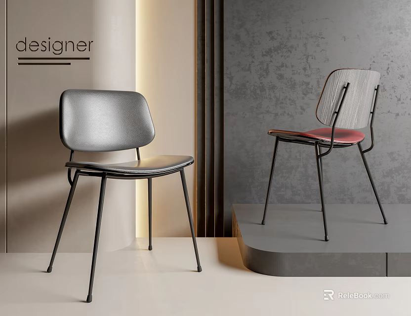 Modern Minimalist Gray And Pink Leisure Chairs With Black Metal Legs 3d model 