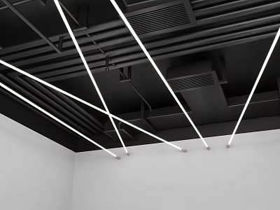 Industrial Ceiling Design With Black Pipes White Linear Lights And White Walls 3d model