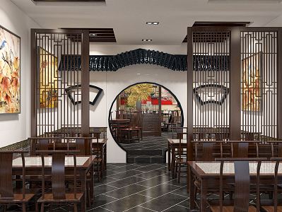 New Chinese Hot Pot Restaurant Chinese Restaurant Hotel Moon Door Dining Table and Chair Partition Chandelier 3d model