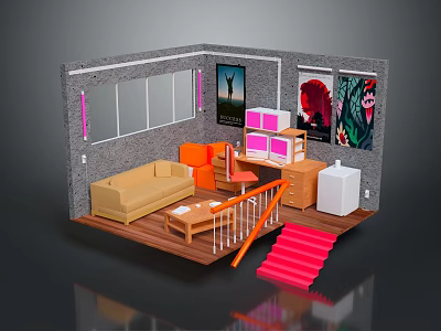 Cartoon Scene Interior With Sofa Table Red Stairs Paintings And Cabinets 3d model