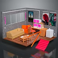 Cartoon Scene Interior With Sofa Table Red Stairs Paintings And Cabinets