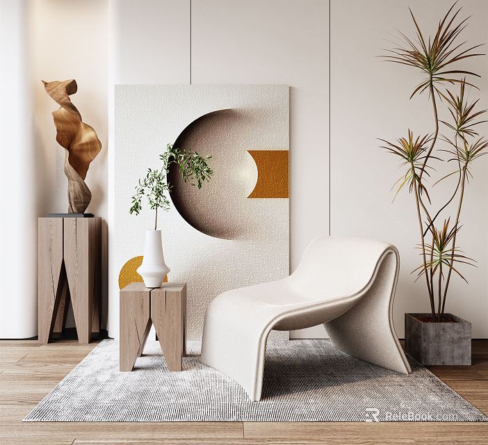 Elegant Modern Single Sofa with Sculpture Abstract Art Wooden Side Table Green Plants Area Rug 3d model 