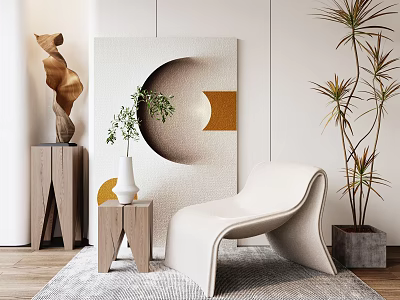 Elegant Modern Single Sofa with Sculpture Abstract Art Wooden Side Table Green Plants Area Rug 3d model