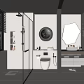 Modern Bathroom Interior With Glass Shower Hexagonal Lighted Mirror Vanity And Wall Mounted Toilet