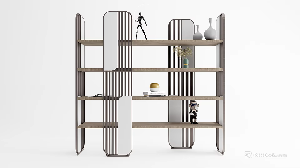 Modern Bookshelf With Sleek Design Multiple Shelves Books Decorative Figurines Vases And Plants 3d model 