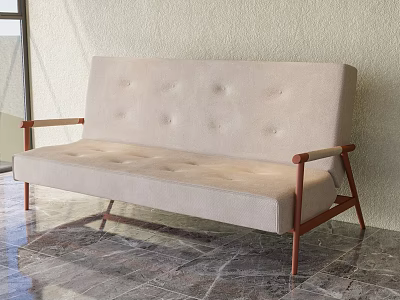 Beige Button Tufted Armchair With Wooden Armrests And Metal Legs In Marble Floor Room Setting 3d model