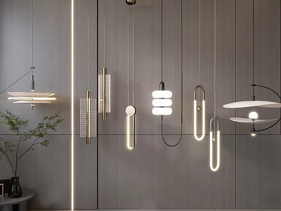 Modern Pendant Lights in Various Contemporary Designs Hanging in Minimalist Gray Interior 3d model