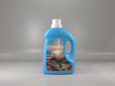 Blue Laundry Detergent Bottle With Scenic Sunset Seaside And Pink Flowers Design For Daily Washing 3d model
