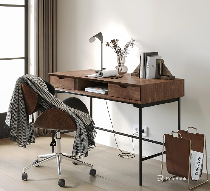 Wooden Desk With Drawer Table Lamp Dried Flowers Books And Chair With Plaid Scarf 3d model 