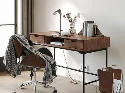 Wooden Desk With Drawer Table Lamp Dried Flowers Books And Chair With Plaid Scarf 3d model