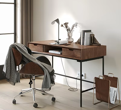 Wooden Desk With Drawer Table Lamp Dried Flowers Books And Chair With Plaid Scarf 3d model