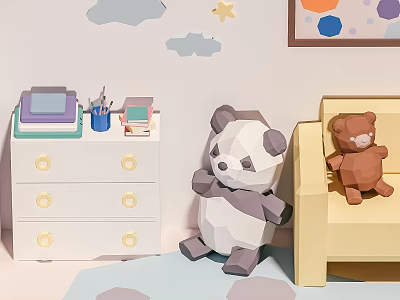 Kids Room With White Dresser Purple Notebook Blue Cup Panda Plush And Brown Teddy Bear 3d model