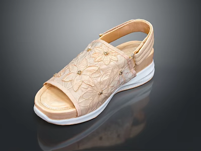 Beige Sandals With Floral Embroidery Ankle Strap And White Sole For Comfortable Casual Wear 3d model