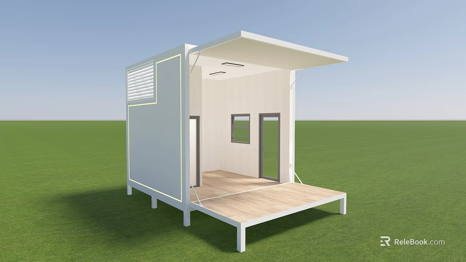 Modern Modular Building Structure With Canopy Wooden Deck Windows And Doors 3d model 