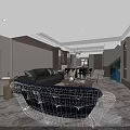 Modern Living Dining Room Interior With Dark Sofa Blue Chair And Marble Floor
