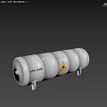 Silver Gray Cylindrical Industrial Tank With Yellow Hazard Warning Sign And Support Legs