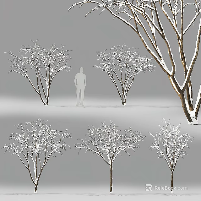 Multiple Snow Covered Trees In Winter Scene With Standing Human Figure 3d model 